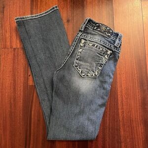 Miss Me Jeans Women 26x32 Blue Bootcut Medium Wash Embroidered Stretch Fade Y2k